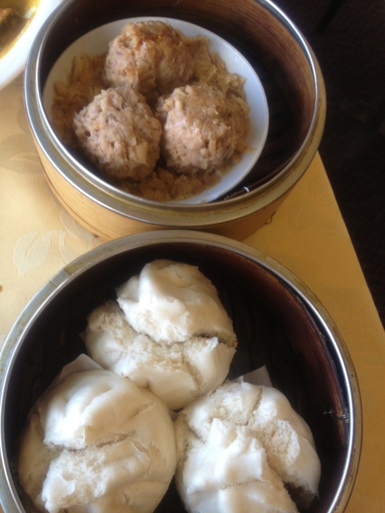 Cha Shiu Bao on the bottom and Veggie Meatballs on the top