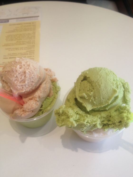 To the right is the cup my mom ordered (Pistachio and Hazelnut), while to the left, is the cup I ordered (Pear and Pistachio)
